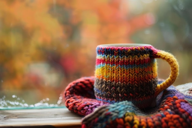 Colorful knitted mug warming on window sill on rainy autumn day