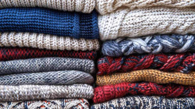 Photo colorful knitted sweaters stacked in cozy pile