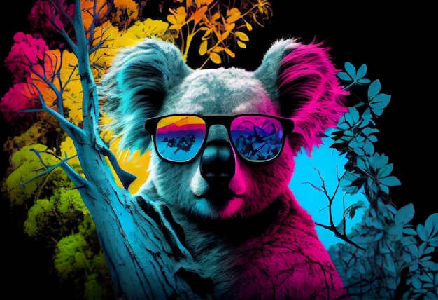 A colorful koala with sunglasses and a rainbow colored background.