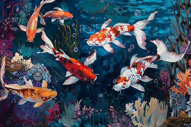 Colorful Koi Fish in a Lush Underwater Garden