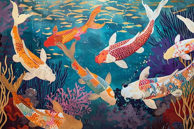 Colorful Koi Fish in a School of Small Fish