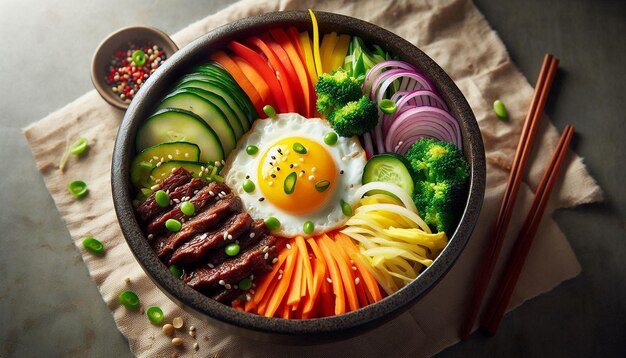 Photo a colorful korean bibimbap bowl with fried egg meat and vegetables