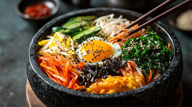 Photo colorful korean bibimbap in stone pot