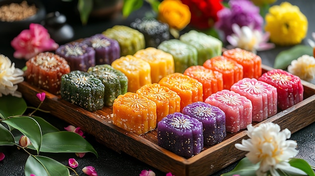 Photo colorful korean rice cakes tteok displayed on a table