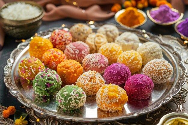 Photo colorful ladoos on silver plate