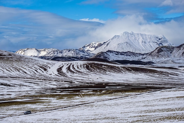 Colorful Landmannalaugar mountains under snow cover in autumn Iceland Car model unrecognizable