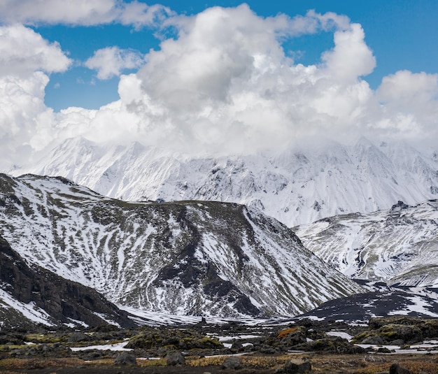 Colorful Landmannalaugar mountains under snow cover in autumn Iceland