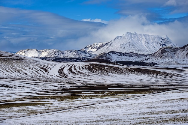 Colorful Landmannalaugar mountains under snow cover in autumn Iceland