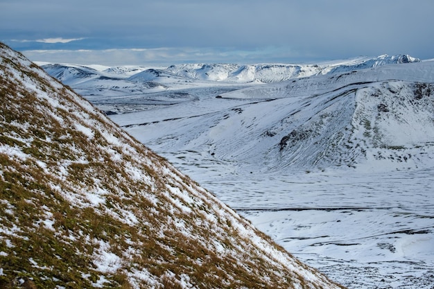 Colorful Landmannalaugar mountains under snow cover in autumn Iceland