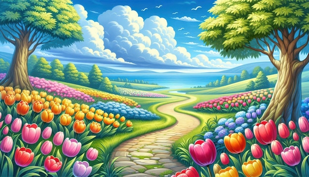 colorful landscape illustration of a winding road through a field of tulips There is a blue river