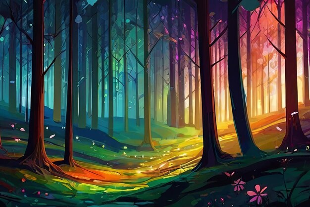 a colorful landscape painting of a forest with trees and the sun shining through the trees