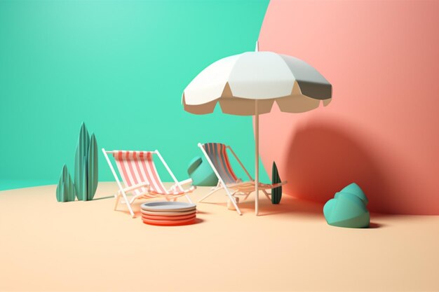 A colorful landscape with a beach chair and an umbrella.