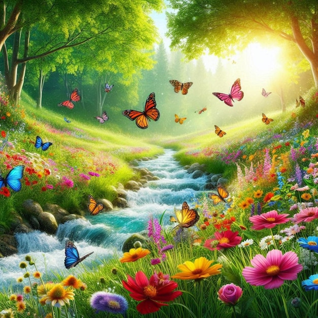 a colorful landscape with butterflies and flowers and a stream