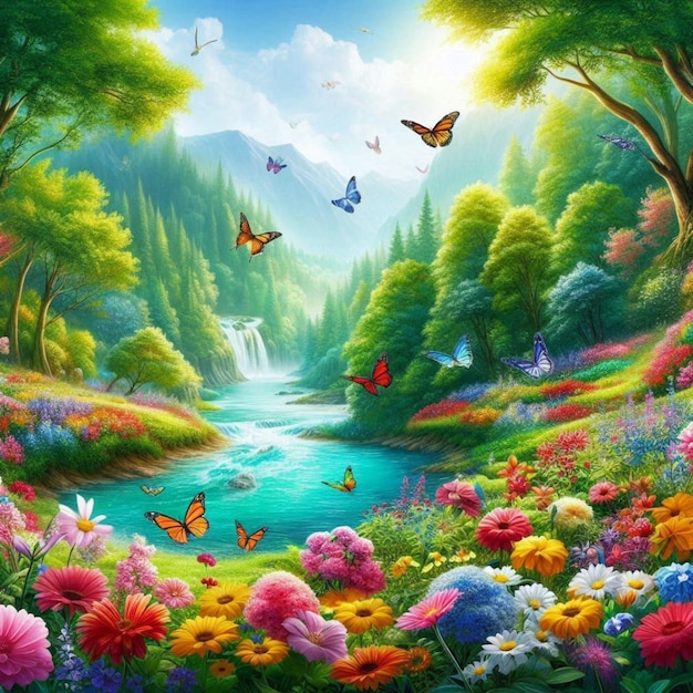 a colorful landscape with butterflies and a waterfall