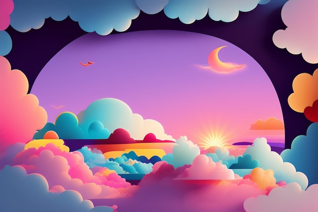 A colorful landscape with clouds and a moon.