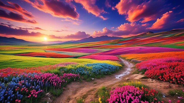 Photo a colorful landscape with a field of flowers and a dirt road