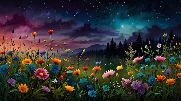 Photo a colorful landscape with flowers and a purple sky with the stars in the background