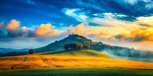 a colorful landscape with a hill and a hill with a house on it