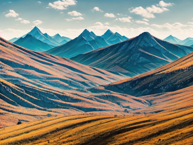 A colorful landscape with mountains and a blue sky with clouds.