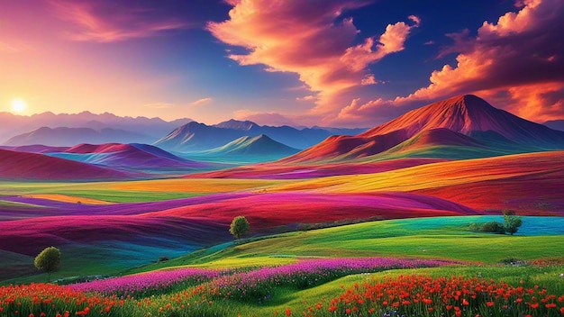 a colorful landscape with mountains and clouds