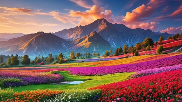 a colorful landscape with mountains and a field of flowers