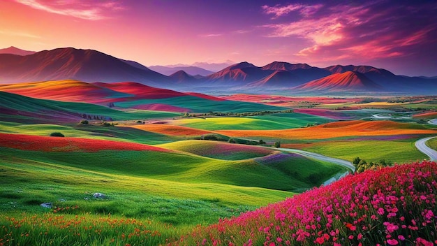 a colorful landscape with mountains and fields of grass