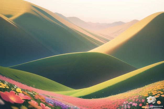 A colorful landscape with mountains and flowers.