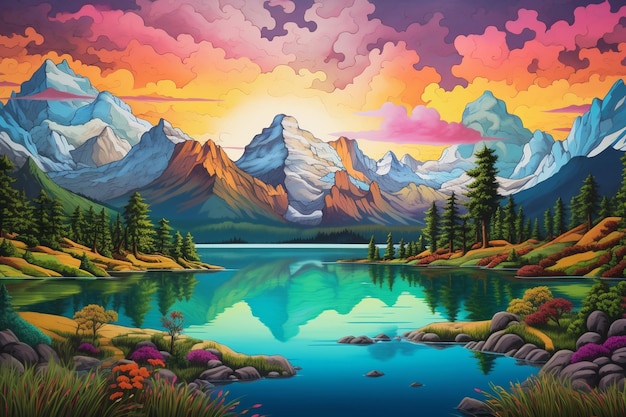 A colorful landscape with mountains and a lake in the middle