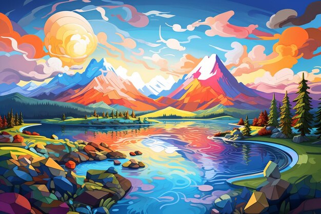 A colorful landscape with mountains and a lake in the middle