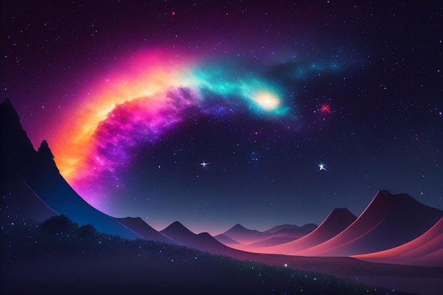 A colorful landscape with mountains and a nebula in the sky.