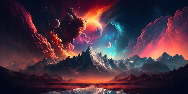 A colorful landscape with mountains and planets