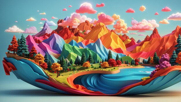 Photo a colorful landscape with mountains a river and trees in vibrant colors