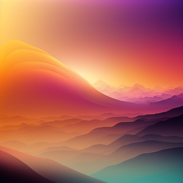 A colorful landscape with mountains and a sunset in the background.