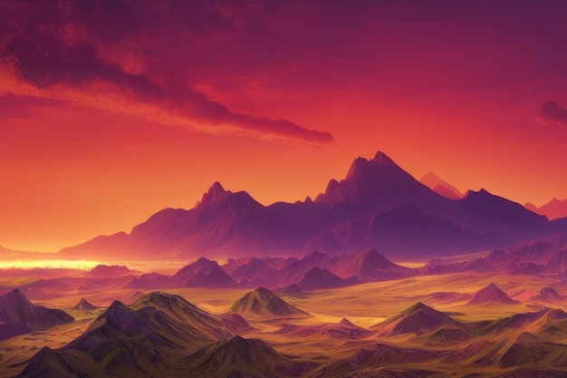 A colorful landscape with mountains and a sunset in the background.