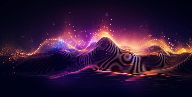 a colorful landscape with mountains and waves