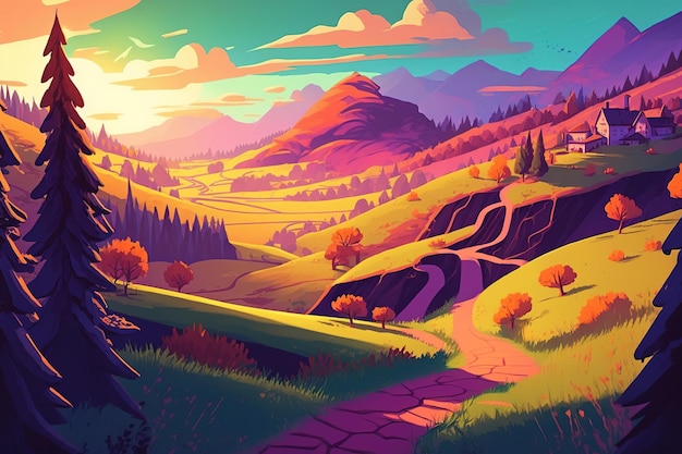 A colorful landscape with a path leading to a mountain