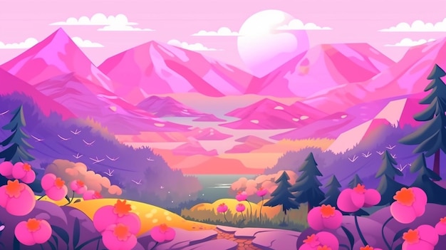 A colorful landscape with a pink mountain landscape and a pink sky with a sun and clouds.