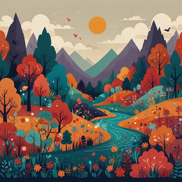 a colorful landscape with a river and mountains in the background whimsical illustration