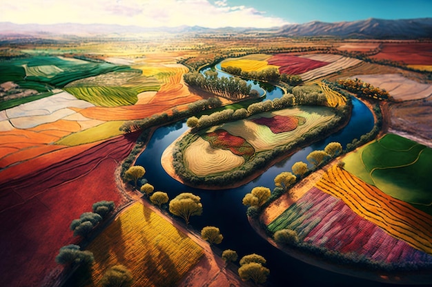 A colorful landscape with a river and mountains in the background.