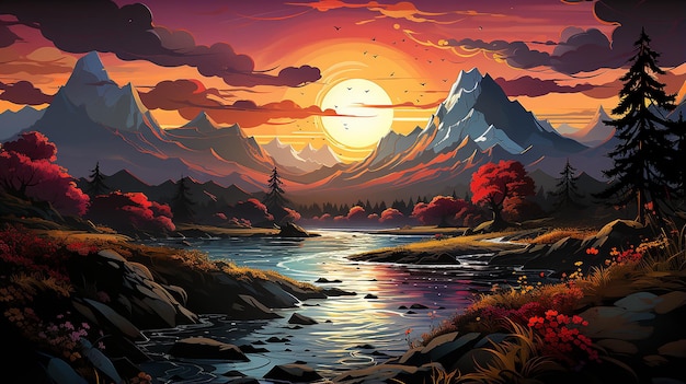 A colorful landscape with a river and mountains in the background