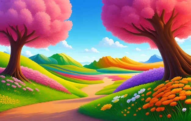 Photo a colorful landscape with a road and mountains in the background