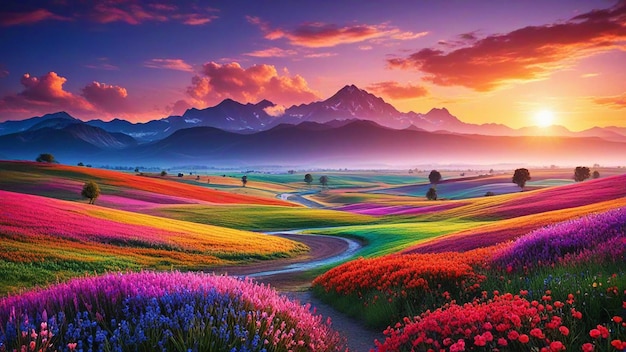 a colorful landscape with a road and mountains in the background