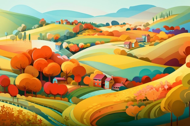 Colorful landscape with a small village and trees.