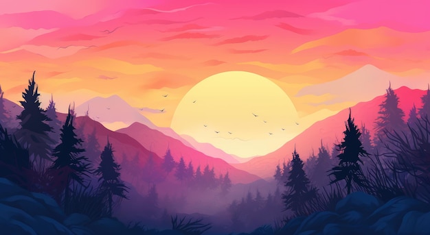 A colorful landscape with a sunset and mountains.