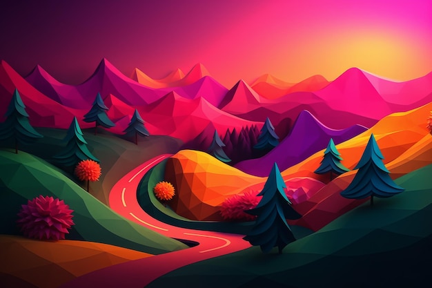 Colorful landscape with a winding road and mountains in the background.