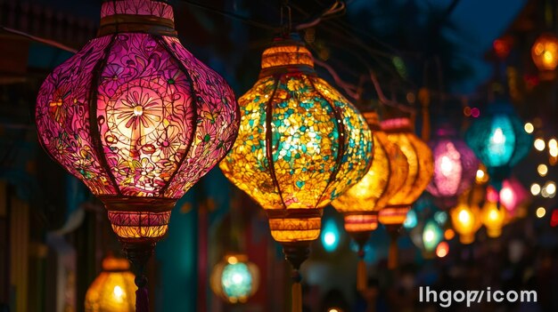 Colorful Lanterns Hanging in the Night