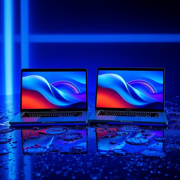 Photo a colorful laptop with neon light background