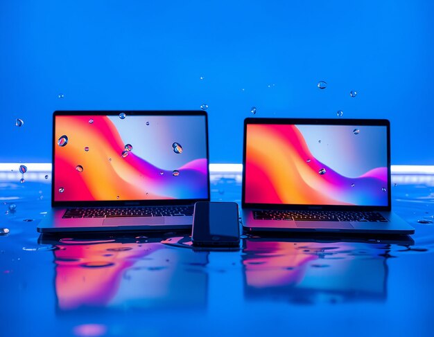 Photo a colorful laptop with neon light background