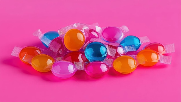 Colorful Laundry Detergent Pods on Pink Background