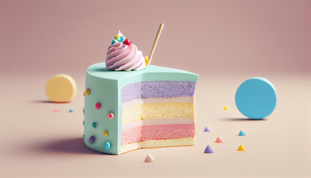 Colorful layered Birthday cake with sprinkles over a pink background